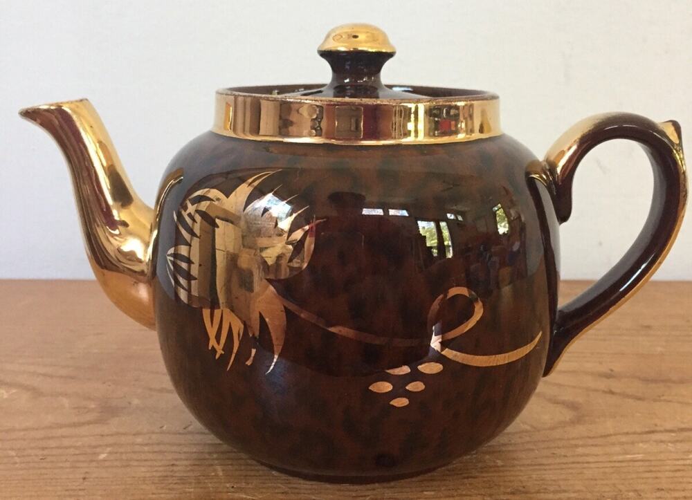 Vtg Gibsons England Redware Brown Gold Handpainted Mottled Small Teapot Tea Pot